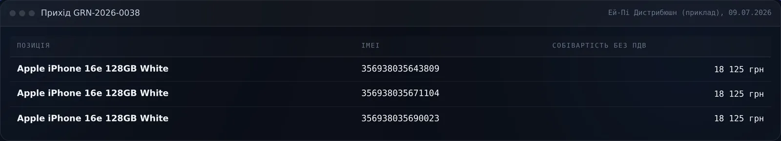 Прихід апаратів з IMEI і собівартістю